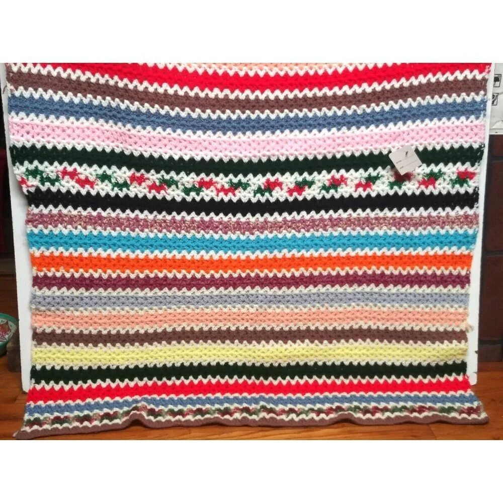 Hand Knit Afghan Fringe Multicolor Striped Throw Blanket 60.5